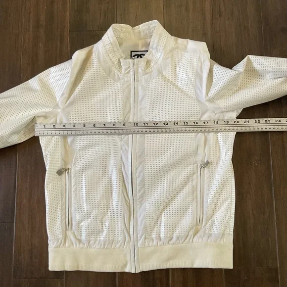 Chanel White Size 8-10 Perforated Leather Bomber Jacket Branded Back Stripe